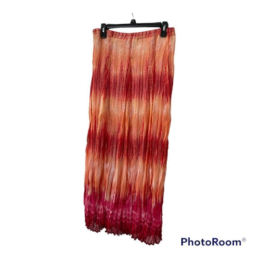 𝅺CHICOS size 1 Crinkle Maxi Skirt Orange Ombre Tie Dye Stripe Gauze M Medium